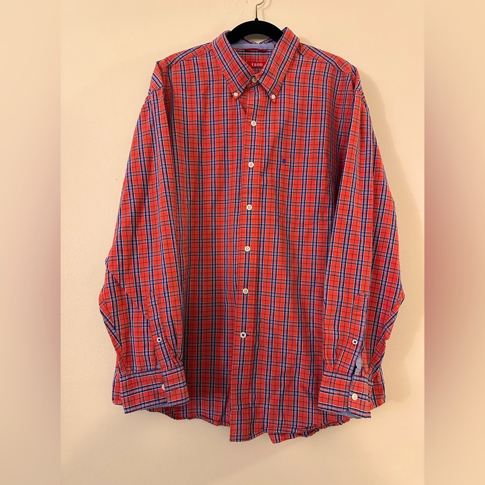 IZOD Long Sleeve Button Down Orange and Blue plaid. XL. Very good condition.